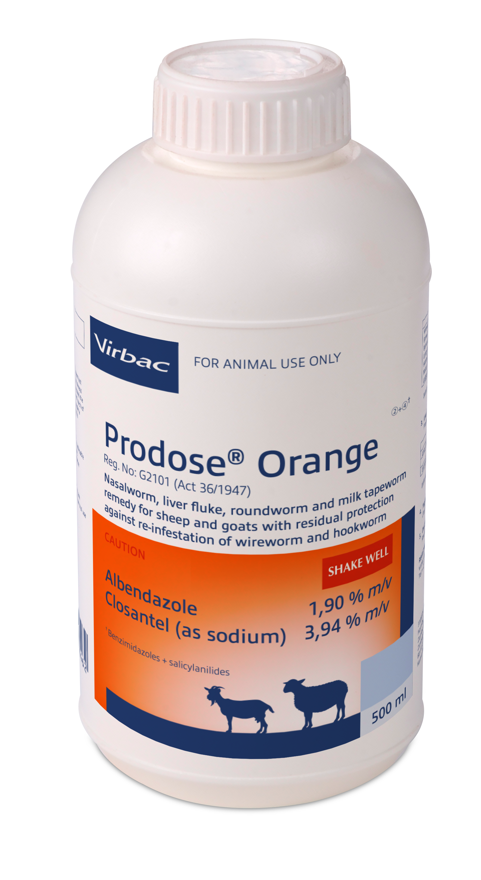 Nasal bot, liver fluke, roundworm and milk tapeworm remedy for sheep and goats with residual protection against reinfestation of wireworm and hookworm. COMPOSITION : Albendazole 1,90% m/v, Closantel (as sodium) 3,94% m/v. COMPOSITION : Albendazole 1,90% m/v, Closantel (as sodium) 3,94% m/v. Dosage: Roundworm, liver fluke and milk tapeworm : 2ml per 10kg. 5 Weeks residual against wireworm and 2 weeks residual against hookworm. Ovicidal: Roundworm eggs present in the animal at the time of dosing are prevented from hatching.