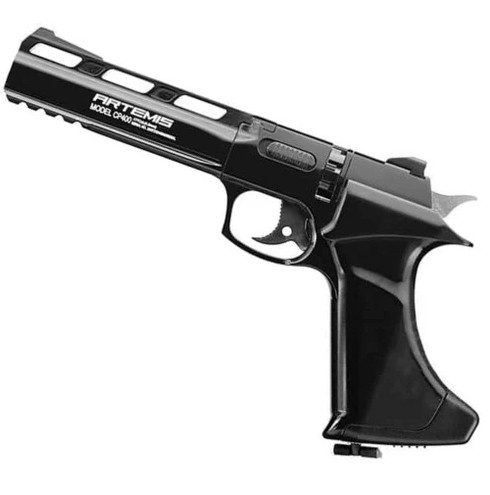 The ARTEMIS CP400 4.5 mm CO? pistol is a sporting air pistol equipped with a magazine and a semi-automatic firing mechanism. It is chambered in 4.5 mm (.177) caliber and delivers a velocity of approximately 350 fps. The pistol features a manual safety system and a trigger pull range of 3�9 lbs for controlled operation. Designed for durability, it has an expected service life of over 5,000 shots under normal use.