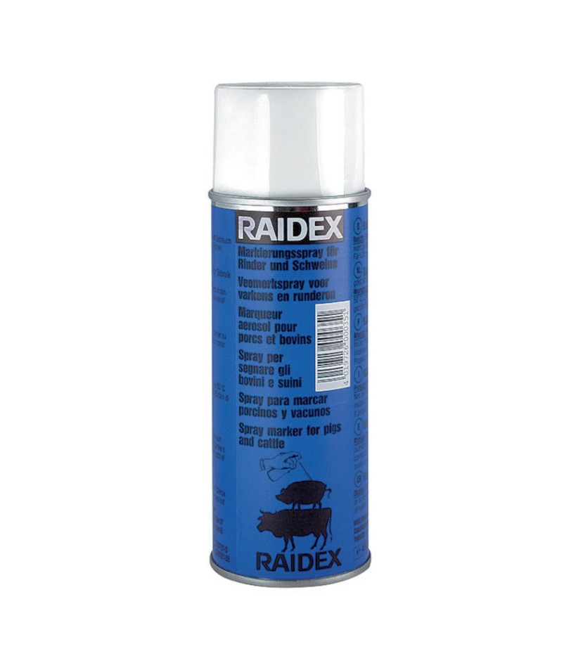 The Marking Aerosol Blue Raidex Swavet is a pressurised spray can used for livestock identification, typically supplied in 400�500 ml sizes. It is designed for easy handling and quick application, allowing for efficient marking of animals in agricultural settings.