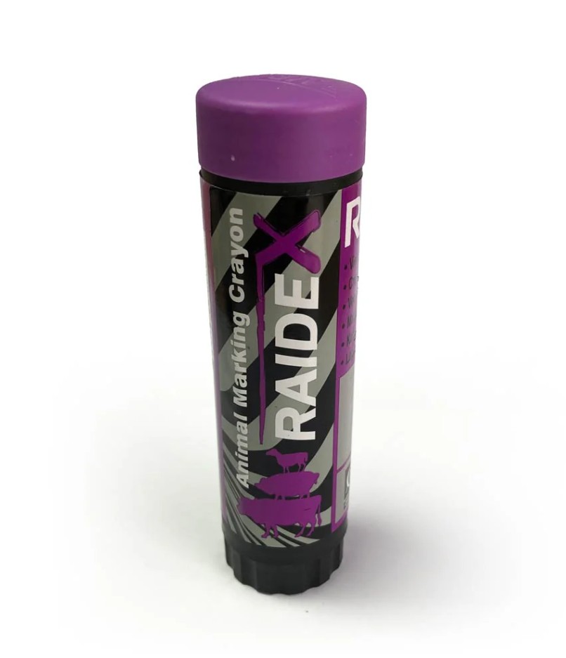 The Marking Crayon Purple Raidex Swavet is a durable wax crayon designed for the quick and effective marking of livestock. It is supplied in a convenient twist-up holder, allowing for easy application and controlled use. The crayon is suitable for marking cattle, sheep, and pigs, and is formulated to perform reliably in both warm and cold weather conditions.
