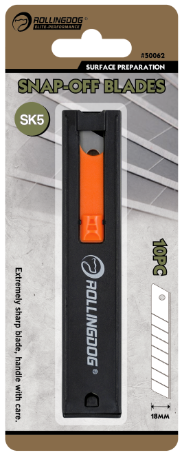 10-Pack Blade Set-SK5. Blade Width: 18mm. Blade Quantity:10. Standard Duty Snap-Off Blades. Cutting Material: Paper ,Wallpaper,Card Stock, Vinyl,Film,Shrink-Wrap,Etc. Push Button Up To Get One Piece Of Blade Out Each Time. For Use With ROLLINGDOG Cutter 50418.