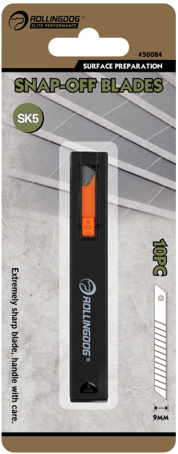 10-Pack Blade Set -SK5. Blade Width: 9mm. Blade Quantity:10. Standard Duty Snap-Off Blades. Cutting Material:Paper, Wallpaper,Card Stock,Vinyl,Film Shrink-Wrap,Etc. Push Button Up To Get One Piece Of Blade Out Each Time. For Use With ROLLINGDOG Cutter 50088.