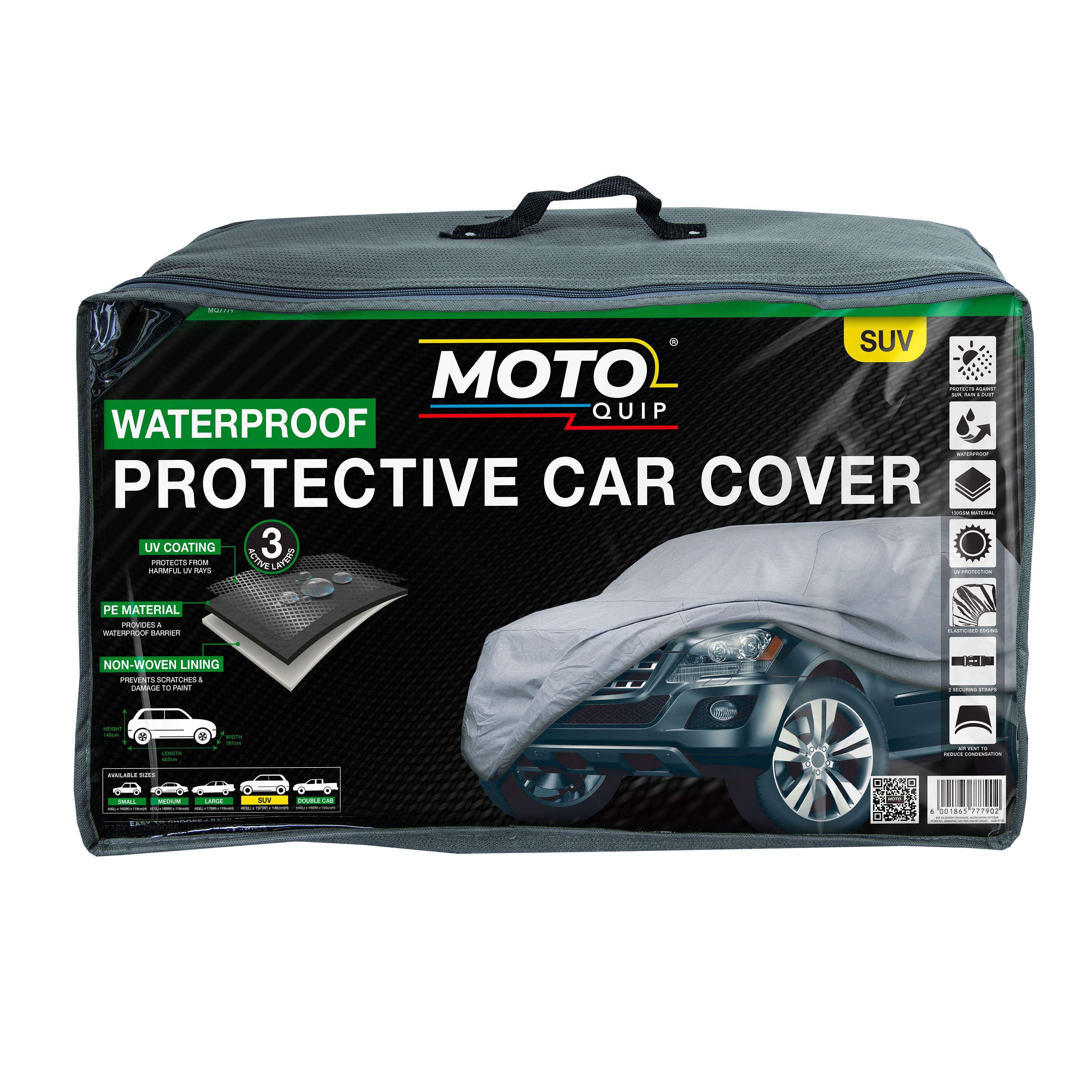 The largest cover, size 532 x 175, offers waterproof protection for vehicles up to 5.3 meters in total length.