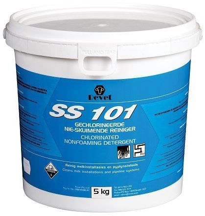 Chlorinated non foaming detergent to clean milk installations and pipeline systems. Directions: After Milking rinse the installation well with cold to lukewarm water 25�C to 30�C. Prepare a solution containing 4g of SS101 per litre of hot water at 70�C. Circulate this solution through the installation for 10 minutes. Drain the solution and rinse installation with potable water. Use 2ml SS108 per 1 litre of water or 1.5ml SS103 per 1 litre of water in the final rinse.