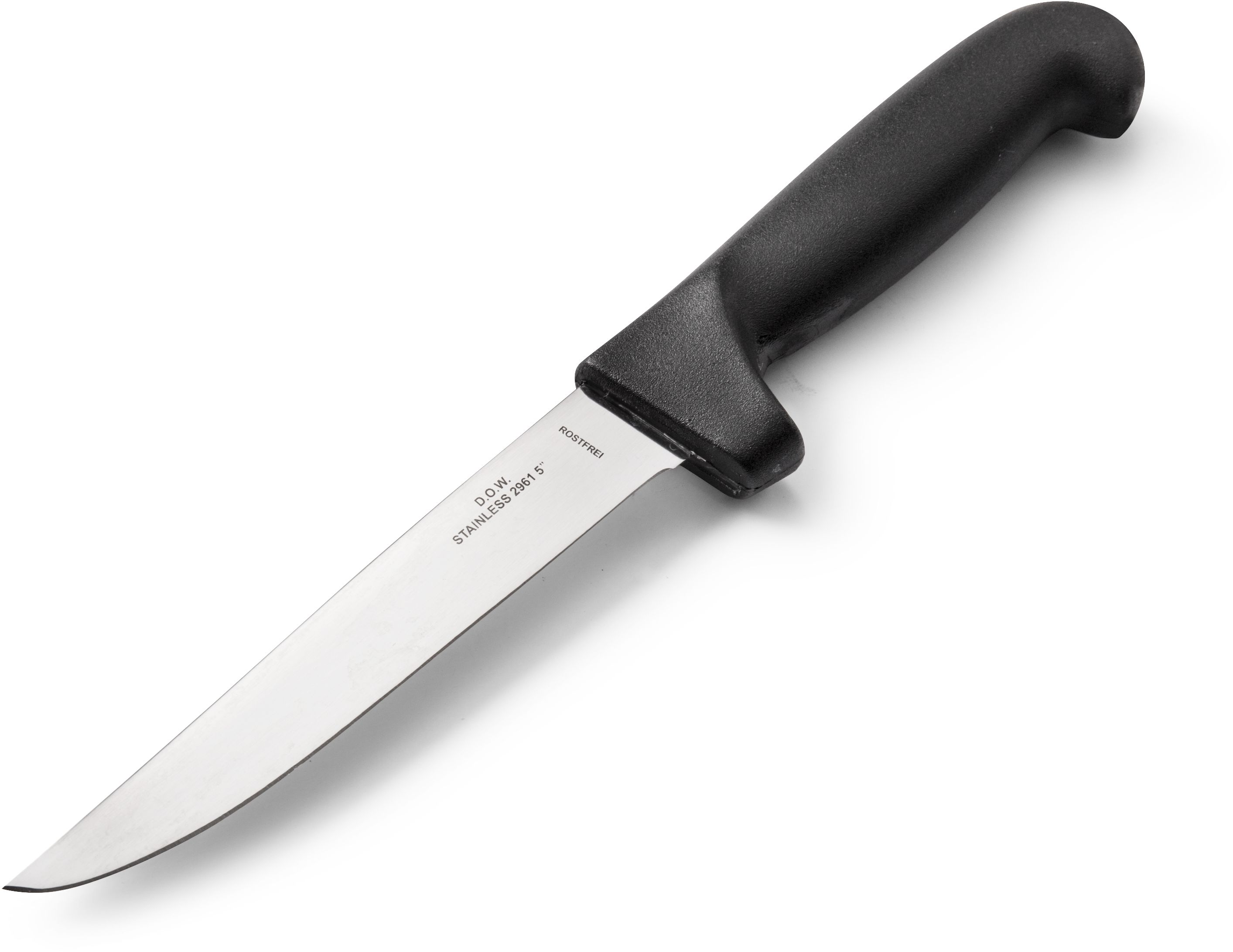 PLEASE NOTE: Clearance Stock - Limited Stock Available, first come first serve.5 inch Boning blade with black nylon handle.