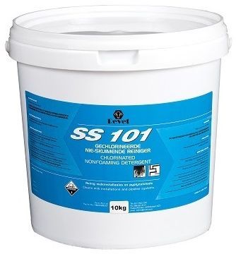 Chlorinated non foaming detergent to clean milk installations and pipeline systems. Directions: After Milking rinse the installation well with cold to lukewarm water 25�C to 30�C. Prepare a solution containing 4g of SS101 per litre of hot water at 70�C. Circulate this solution through the installation for 10 minutes. Drain the solution and rinse installation with potable water. Use 2ml SS108 per 1 litre of water or 1.5ml SS103 per 1 litre of water in the final rinse.