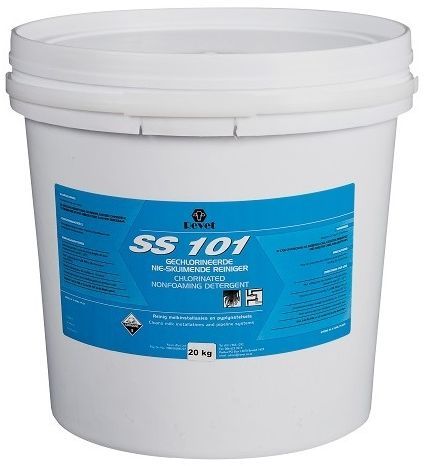 Chlorinated non foaming detergent to clean milk installations and pipeline systems. Directions: After milking rinse the installation well with cold to lukewarm water 25�C to 30�C. Prepare a solution containing 4g of SS101 per litre of hot water at 70�C. Circulate this solution through the installation for 10 minutes. Drain the solution and rinse installation with potable water. Use 2ml SS108 per 1 litre of water or 1.5ml SS103 per 1 litre of water in the final rinse.