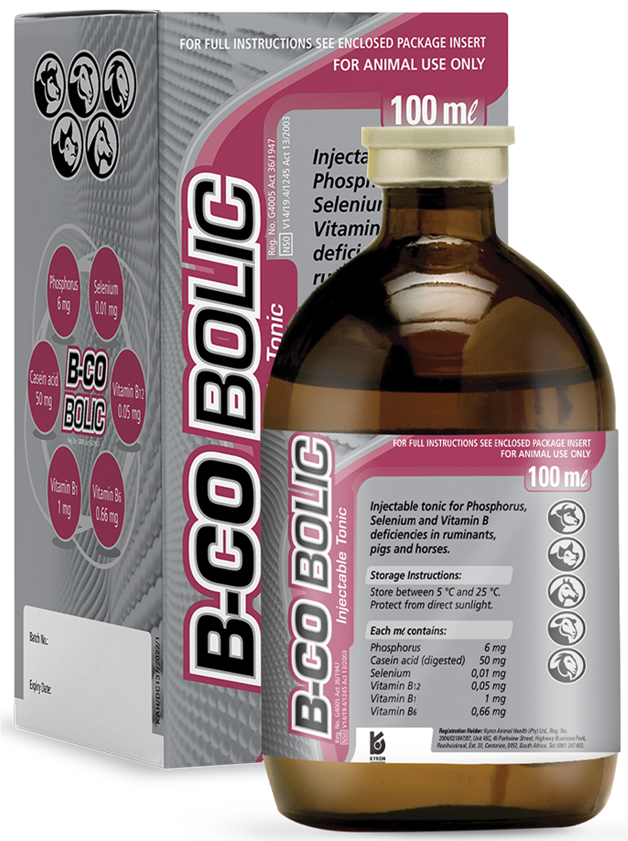 Injectable tonic for Phosphorous, Selenium and Vitamin B deficiencies in ruminants, pigs and horses.