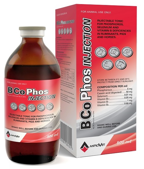 B Co Phos is an injectable tonic for Phosphorous, Selenium and Vitamin B deiciencies in ruminanats, pigs and horses.