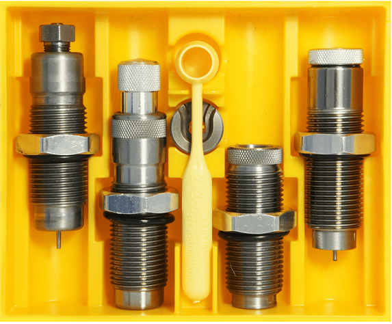 Ultimate 4-Die Set .223 REM. Choose this die set for maximum versatility. The set features a full length-resizing die to return brass to factory new dimensions, perfect for reloading brass fired in other guns. The Collet Neck sizing die is used on your fire formed brass giving you best possible accuracy � no case lube required and cases last almost forever. The Easy Adjust Dead Length Bullet seating die fool proofs the bullet seating adjustment, and assures perfect seating depth every time. The Factory Crimp die provides a secure crimp on bullets with or without a crimp groove. In most cases it helps accuracy by providing a uniform higher start pressure and gives the finished cartridge Factory like accuracy and dependability. The set is complete, with shell holder, powder measure and famous Lee load data featuring all common brands of powder organized in a easy to read logical format.